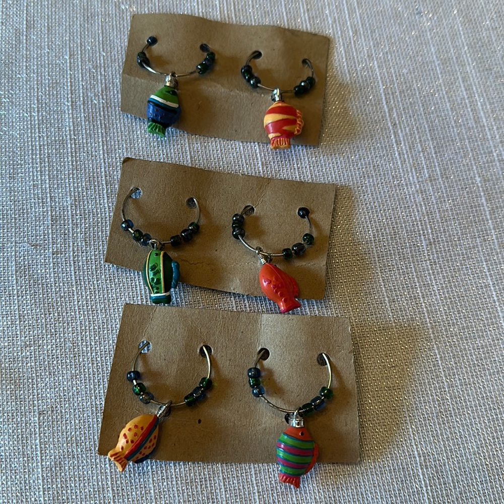 Lot of 6 fish tropic Wine Glass charms identify party Barware girls night